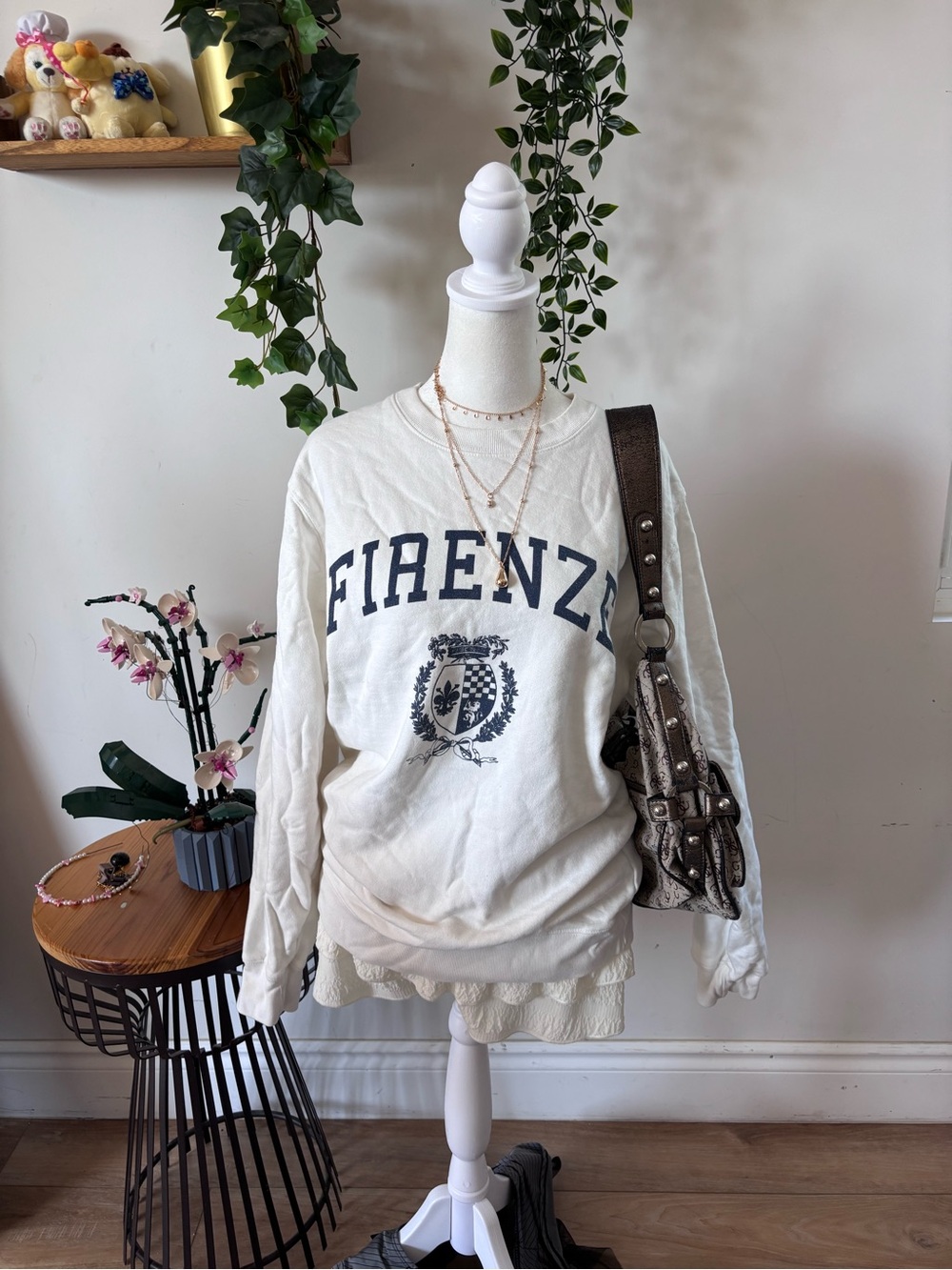 Brandy Melville Cream Firenze Crewneck with Navy Graphic